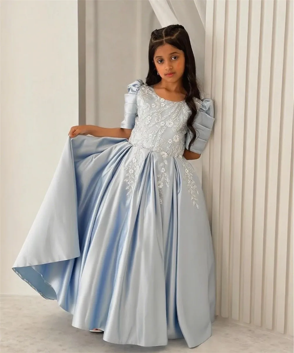 

Customized Sky Blue Flower Girl Dress For Wedding Satin Appliques Half Sleeves Puffy Kids Birthday First Communion Ball Gown