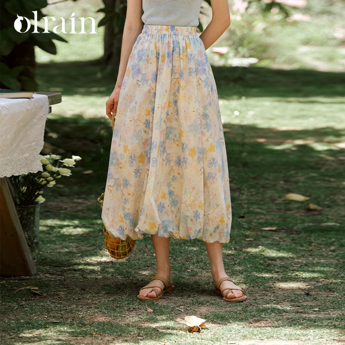 

OLrain Women's Floral Print Midi Skirt 2025 French Style Elastic Waist Blooming Hem A-line Cotton Summer Skirt Woman O57XB99926