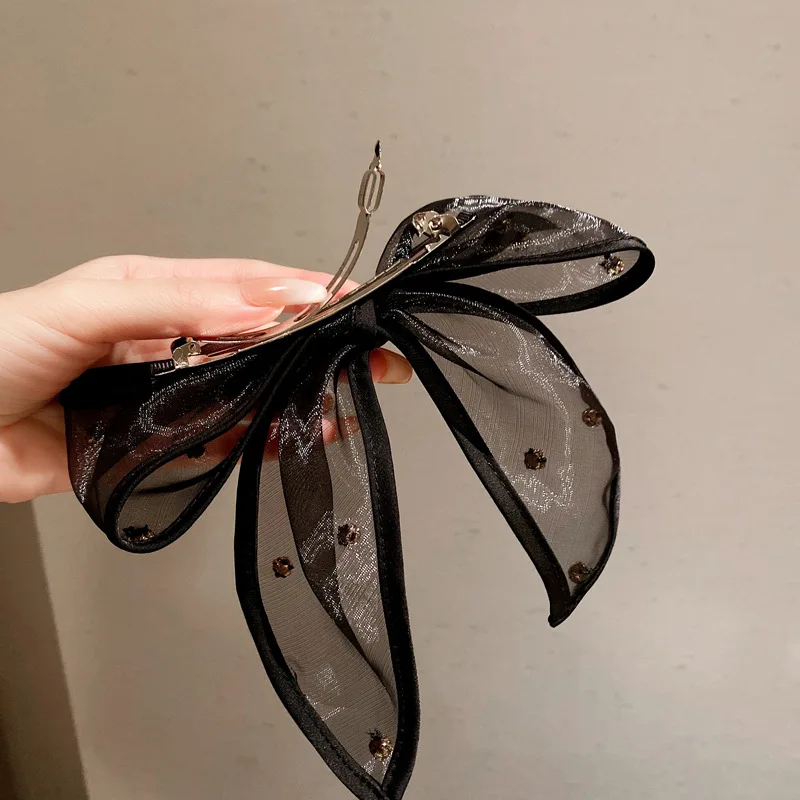 Horquilla de cinta de lazo de tela de encaje negro de gran tamaño para mujeres y niñas, Clip de pelo de diamantes de imitación, diadema de