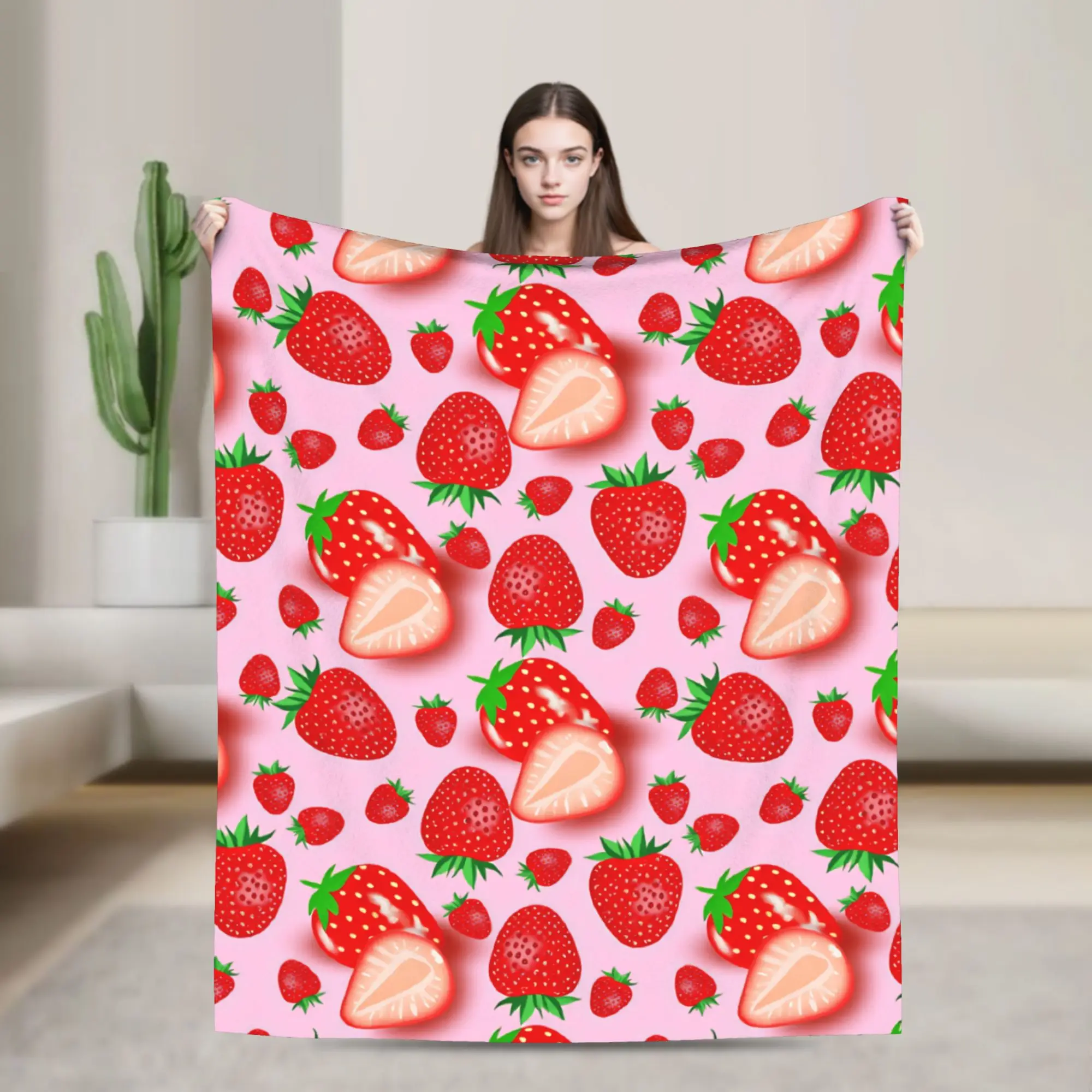 Strawberry Seamless Pattern Pink Background With Sliced Fruit Flannel Blankets Girls  Warm Comfy Throw Blanket Sofa Bed Cover