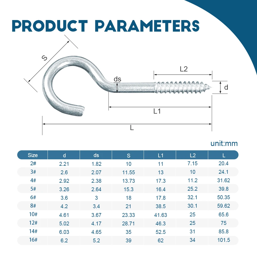 HOWSHENG Opening Sheep Eye Lamp Hook Screws Question Mark Hooks 3# 4# 5# 6# 8# 9# 10# Blue Zinc Plated Self-tapping Hooks Screw
