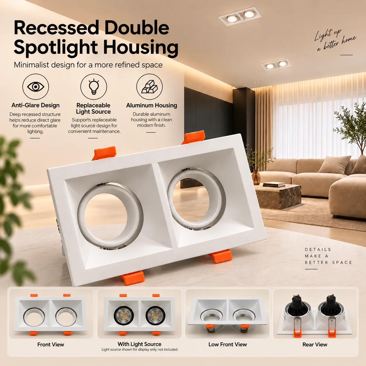 GU10 MR16 Recessed Downlight Frame 80x160mm Deep Anti Glare Aluminum Adjustable Spotlight Housing Replaceable Bulb Ceiling Light