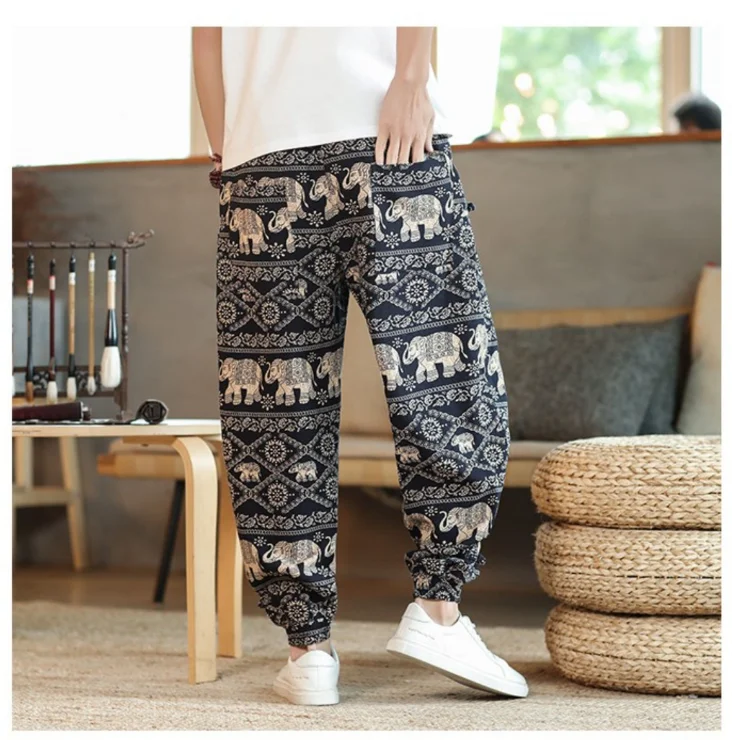 verão Algodão Linho Calça Casual Homem Cintura Elástica Comprimento Total Calça Harém Homem Calça de Treino Calça de Treino Masculino Streetwear