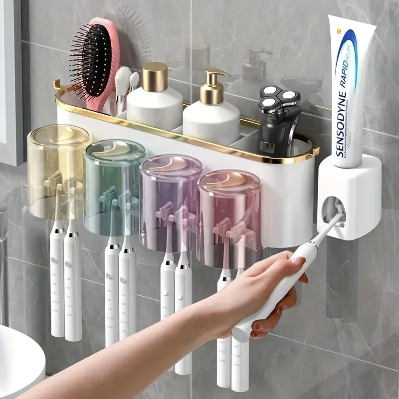 Toothbrush Holder  Perforation-free Shelf Mouthwash Cup Toothbrush Holder  bathroom  bathroom accessories  tooth brush holder