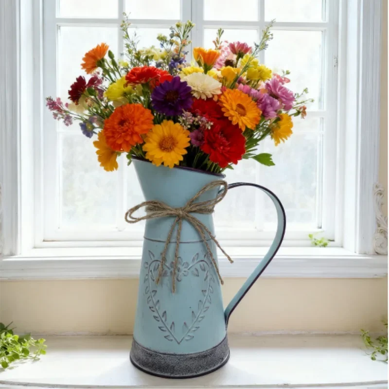 Vintage Vase Metal Rustic Embossed Vase Jute Rope Farmhouse Iron Ornament Vases Home Table Wedding Floral Arrangement Decor