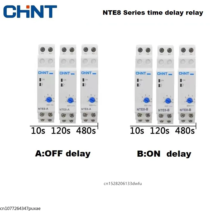 CHINT NTE8 Series Time Delay Relay Control Off Power On Delay NTE8-A NTE8-B 10S 120S 480S AC220V DC24V Din Rail Digital Timer