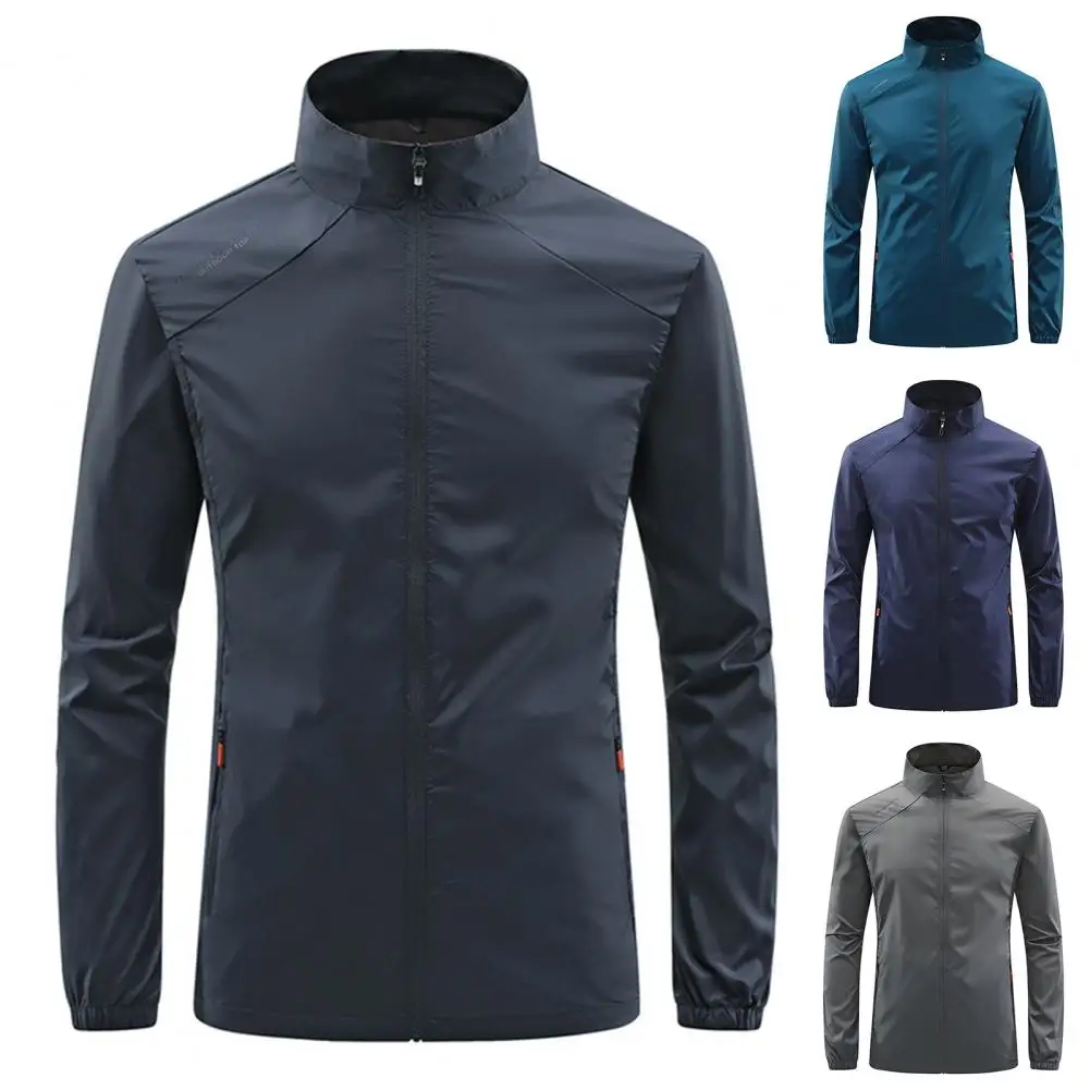 Stand Collar Long Sleeve Men Coat Pockets Zipper Placket Solid Ultrathin Cycling Fishing Windbreaker Waterproof Coat Streetwear