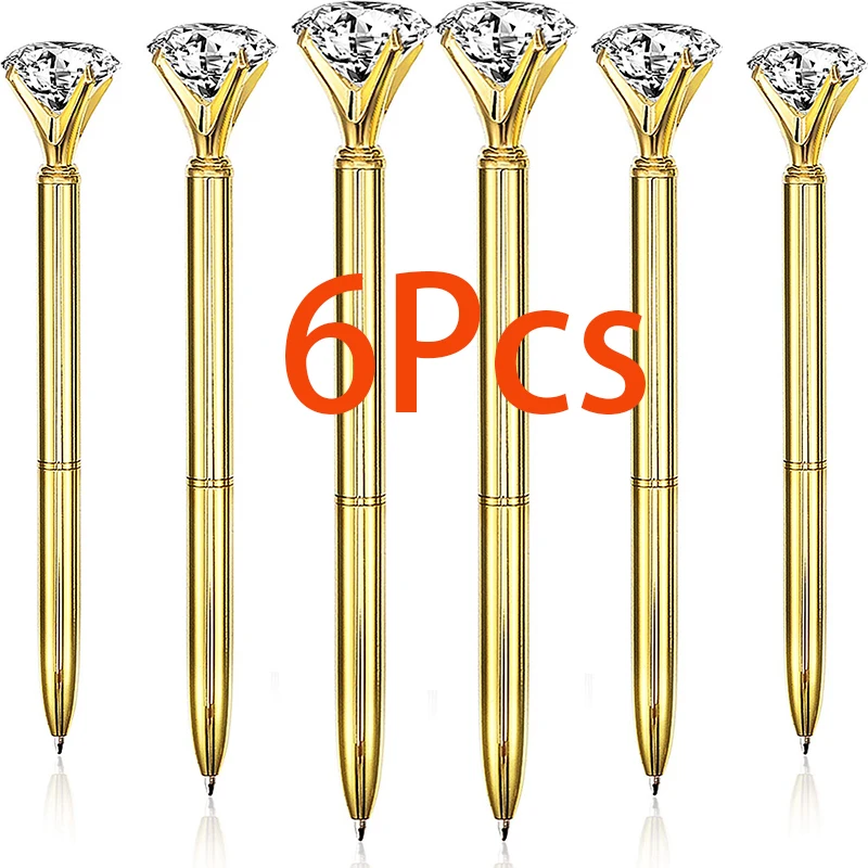 

6Pcs Big Crystal Diamond Ballpoint Pens Gold Retractable Metal Crystal Pens for Women