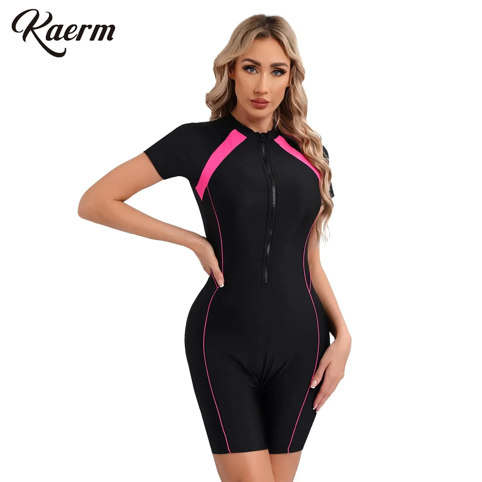 Women Tight Competitive Sports Swimsuits Color Block Swimwear Short Sleeve Zipper With Chest Padded Surfing Bathing Suit