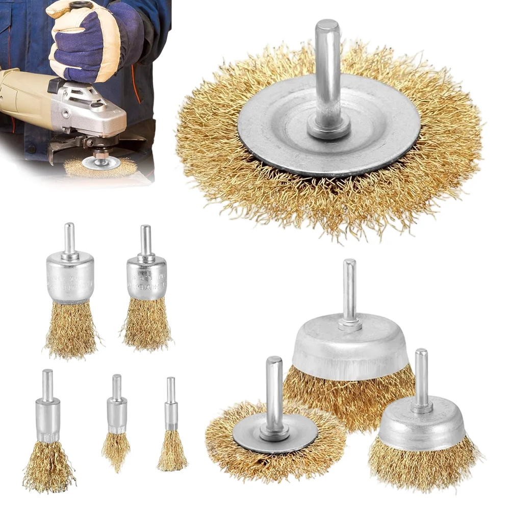 Ensemble de 9 brosses métalliques pour perceuse, brosses en acier recouvertes de laiton pour l'élimination de la rouille, le débavurage et le nettoyage des surfaces sur le métal, comprend des brosses en forme de coupelle pour une finition détaillée, kit polyvalent, accessoire d'atelier essentiel