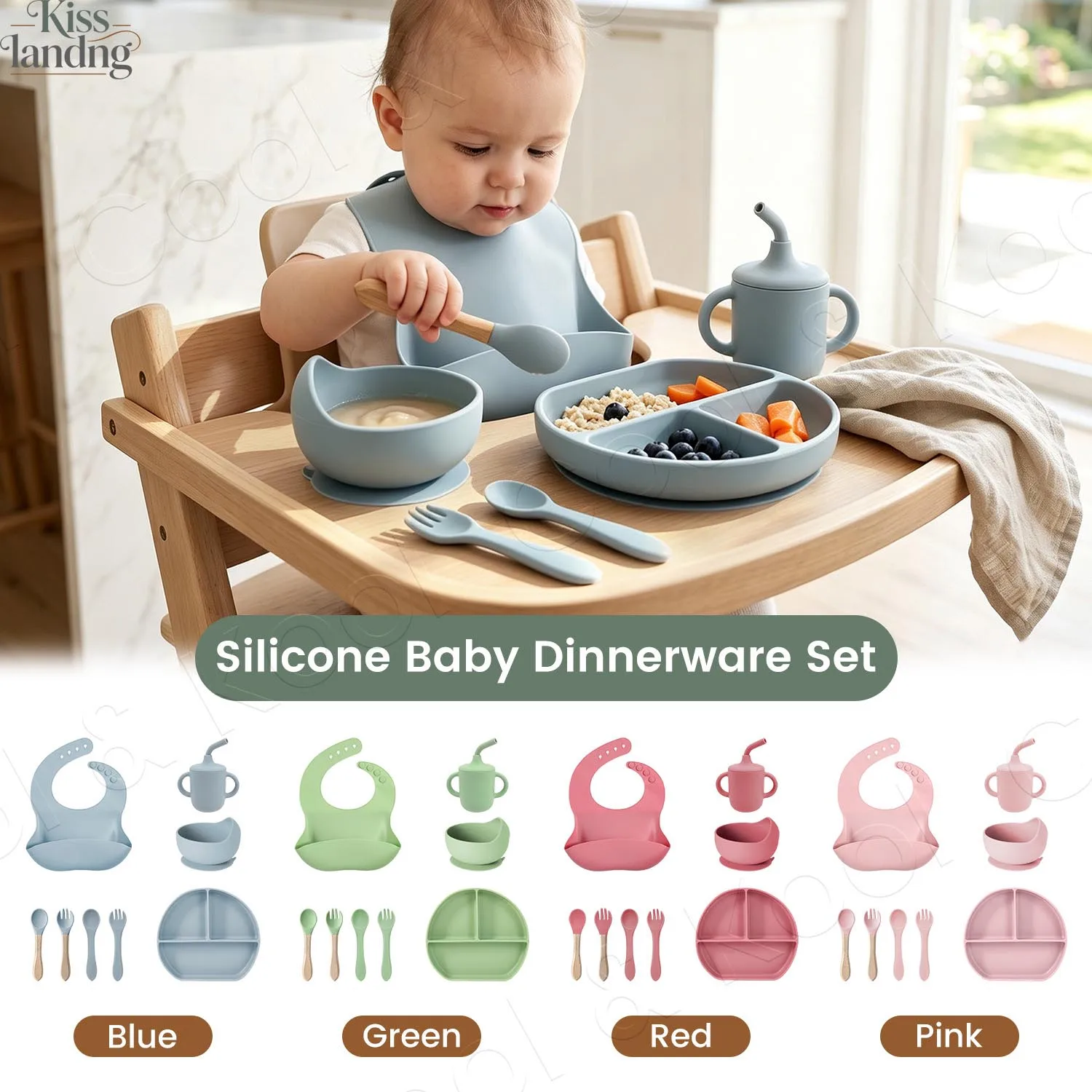 8Pcs Silicone Kids Feeding Set with Plate, Bowl & Straw Cup – Newborn Baby Gift Tableware