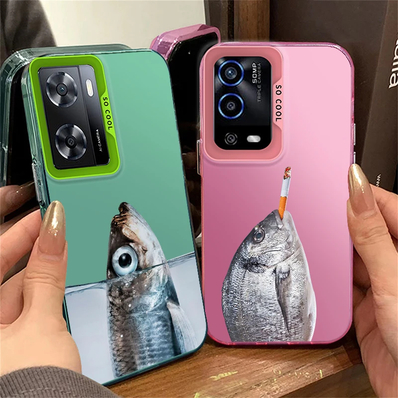 Braised Salted Fish For OPPO Reno A98 A78 A76 A74 A58 8T 7Z 7 6 Pro 2020 4G 5G Fashion Colorful Silver Phone Case