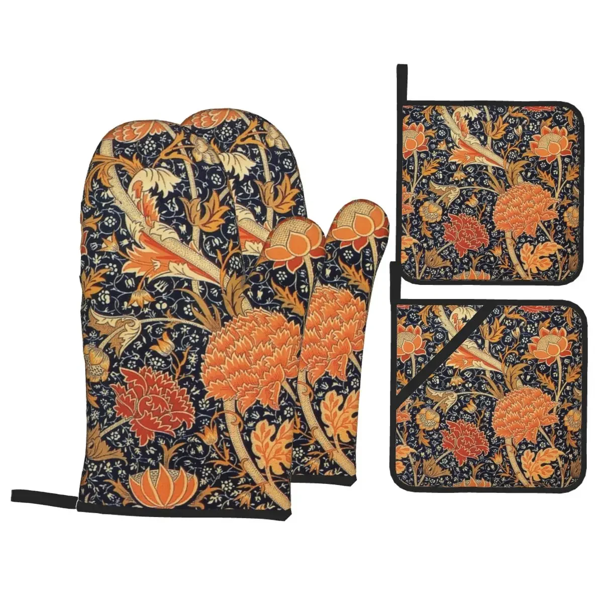 

William Morris Orange Cray Floral Oven Mitts and Pot Holders 4pcs Set for Baking Heat Resistant Kitchen BBQ Gloves Potholders