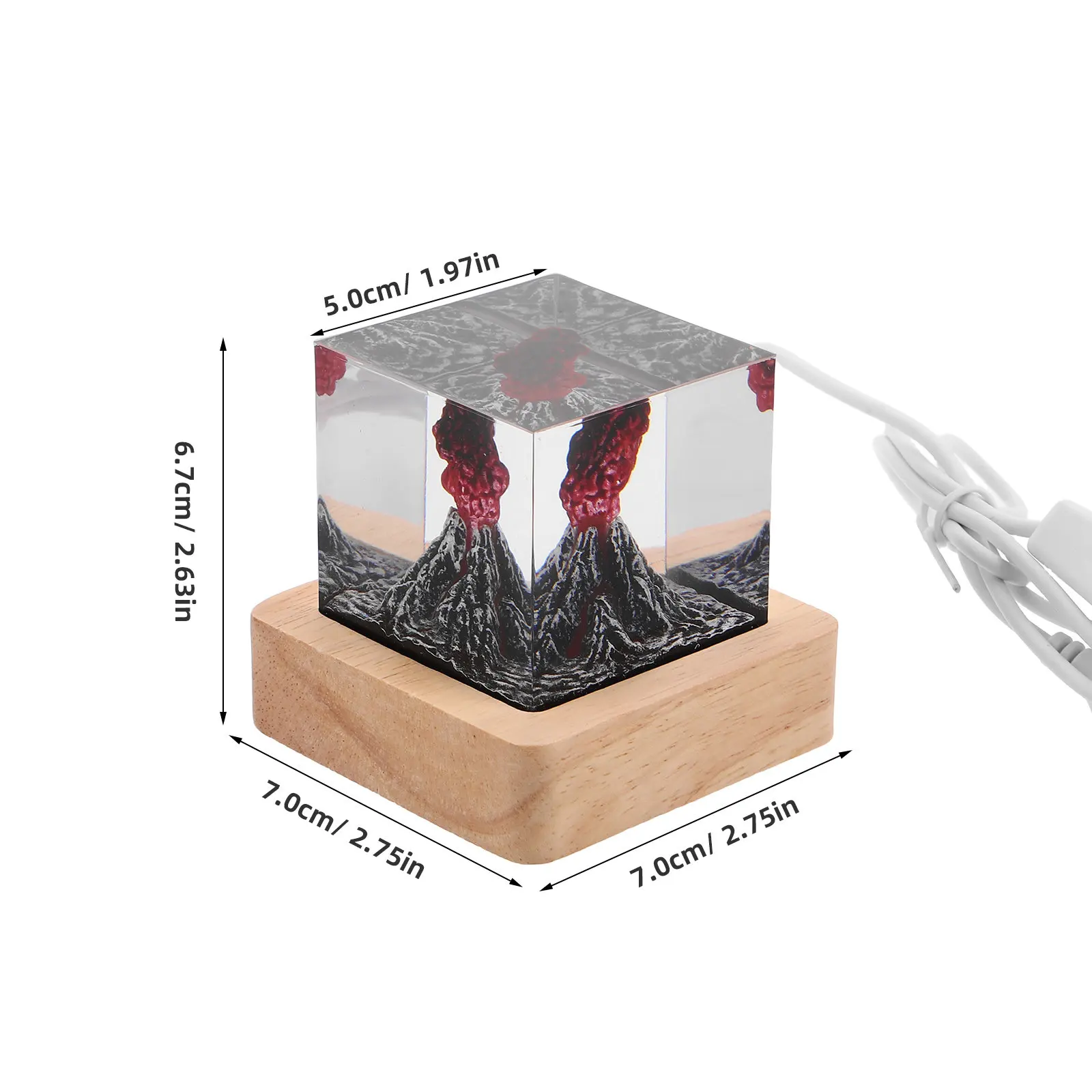 Volcano Cube Night Light Resin Desk Lamp 2x2inch Wooden Base USB Cable Bedroom Living Room Eruption Night Light Gift