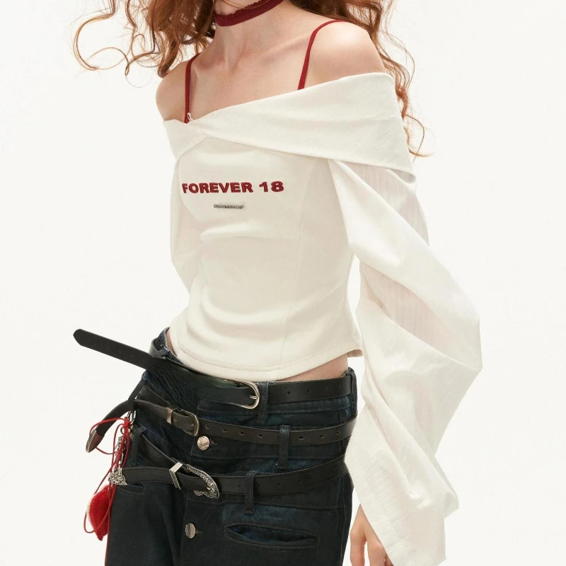 Y2k Aesthetic Letter Embroidery Women Blouse 2024 Slim Grunge Slash Neck Crop Shirt Harajuku Lantern Sleeve Streetwear Blusas