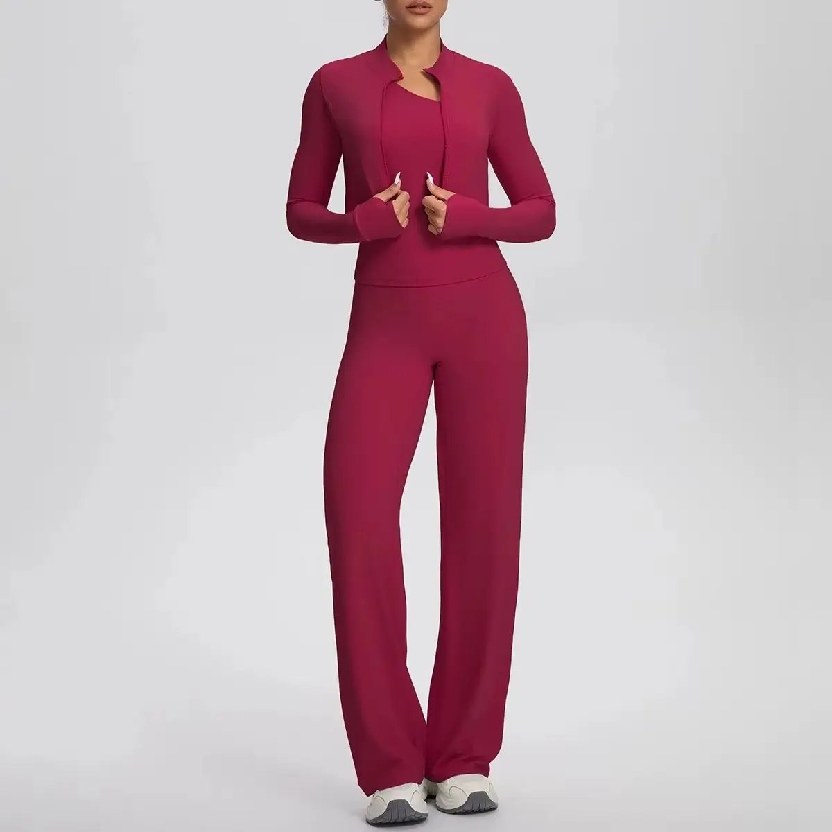 3PCS Women Sportswear Yoga Set Elastic Gym Fitness Suit Solid Color Jacker Single Shoulder Bra Pants Recreation Female Yoga Suit