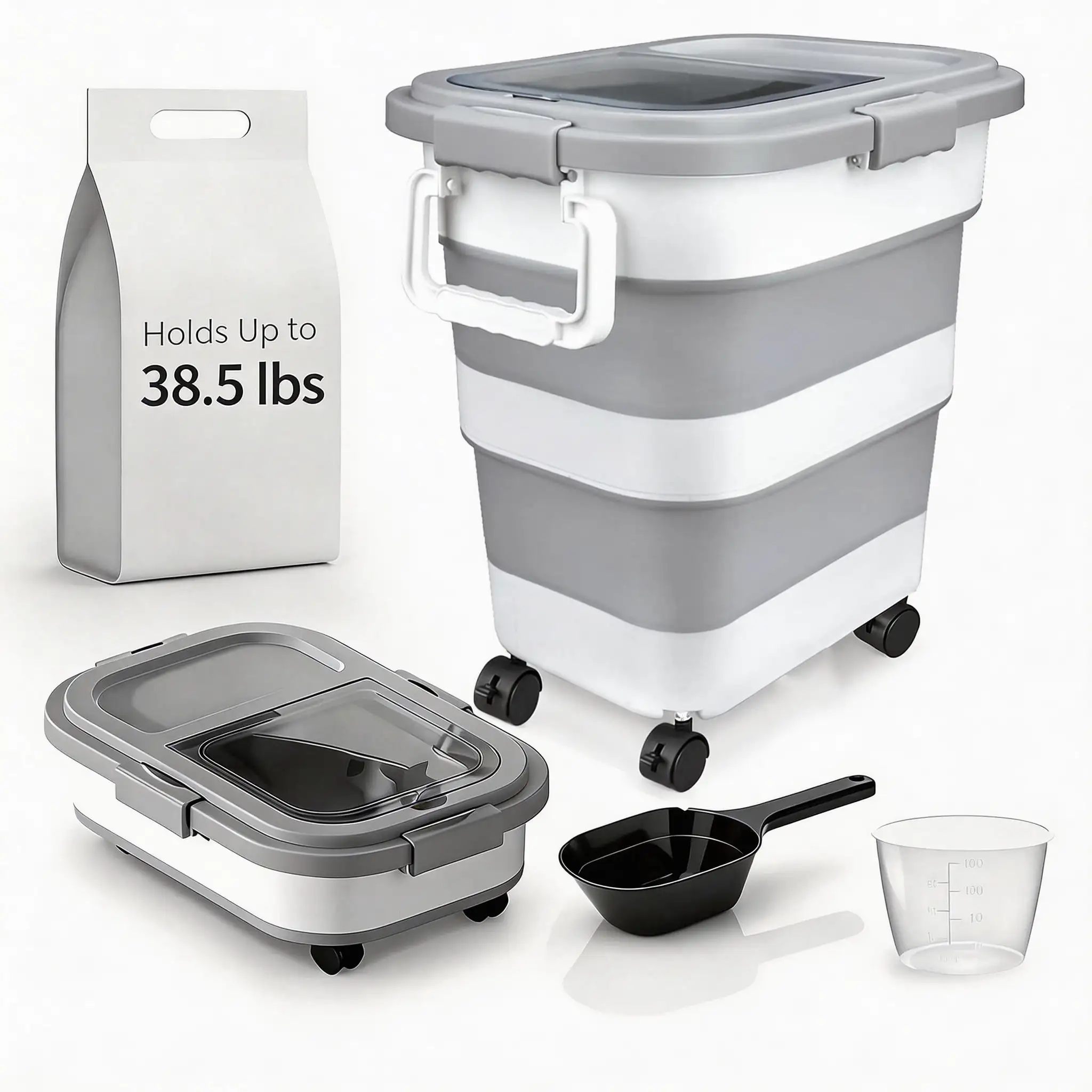 3Lbs Collapsible Pet Food Storage Container with Airtight Lid, Dog Food Storage Container with Measuring Scoop And Cup, Wheels & Handle for Easy Moving, Keep Dry Food Fresh
