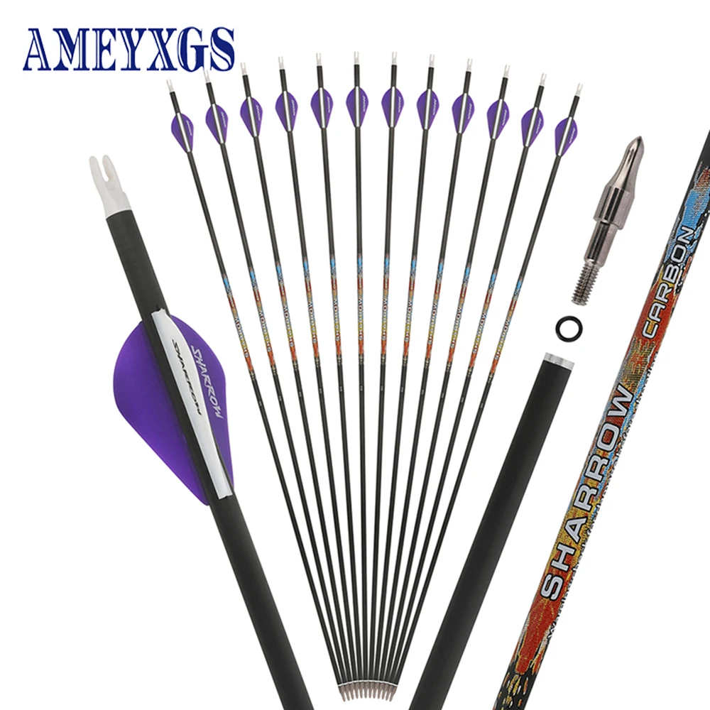 

12pcs Archery Pure Carbon Arrow 32.6inch Practice Hunting Arrows ID 6.2mm Spine 250 -500 for Compound & Recurve Bow Accessory