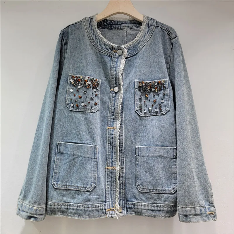 

Heavy Work Beaded Diamond Big Pocket Blue Denim Jacket Autumn Women Casual Round Neck Multi-Pocket Long Sleeve Cowboy Outerwear