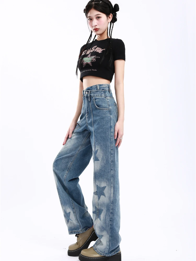 Impressão geométrica jeans feminino perna larga solta estilo europeu moda lazer assimétrico branqueado cintura alta punk retro