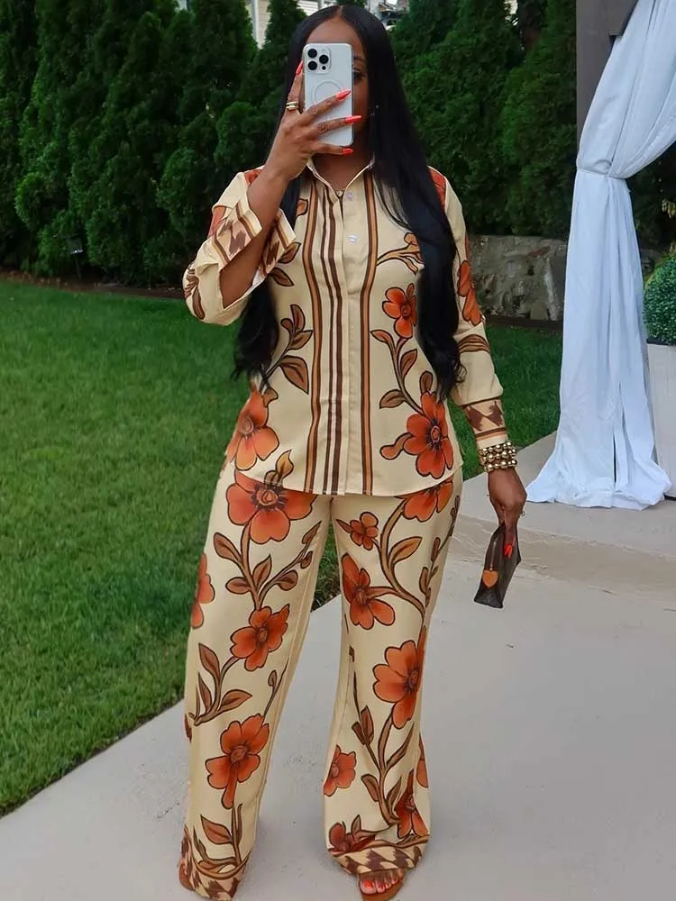 

Woman Clothes Two Piece Sets Spring Elegant Pants and Long Sleeve Shirt African Woman Traditional Outfit Wholesale Dropshipping