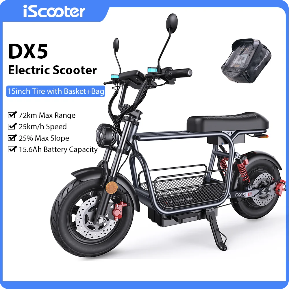 Scooter électrique iScooter DX5 pour adultes, batterie 48V 15.6Ah, vitesse 25 km/h, autonomie 60-72 km, pneus pneumatiques de 15 pouces, verrouillage intelligent NFC, avec siège et panier de rangement