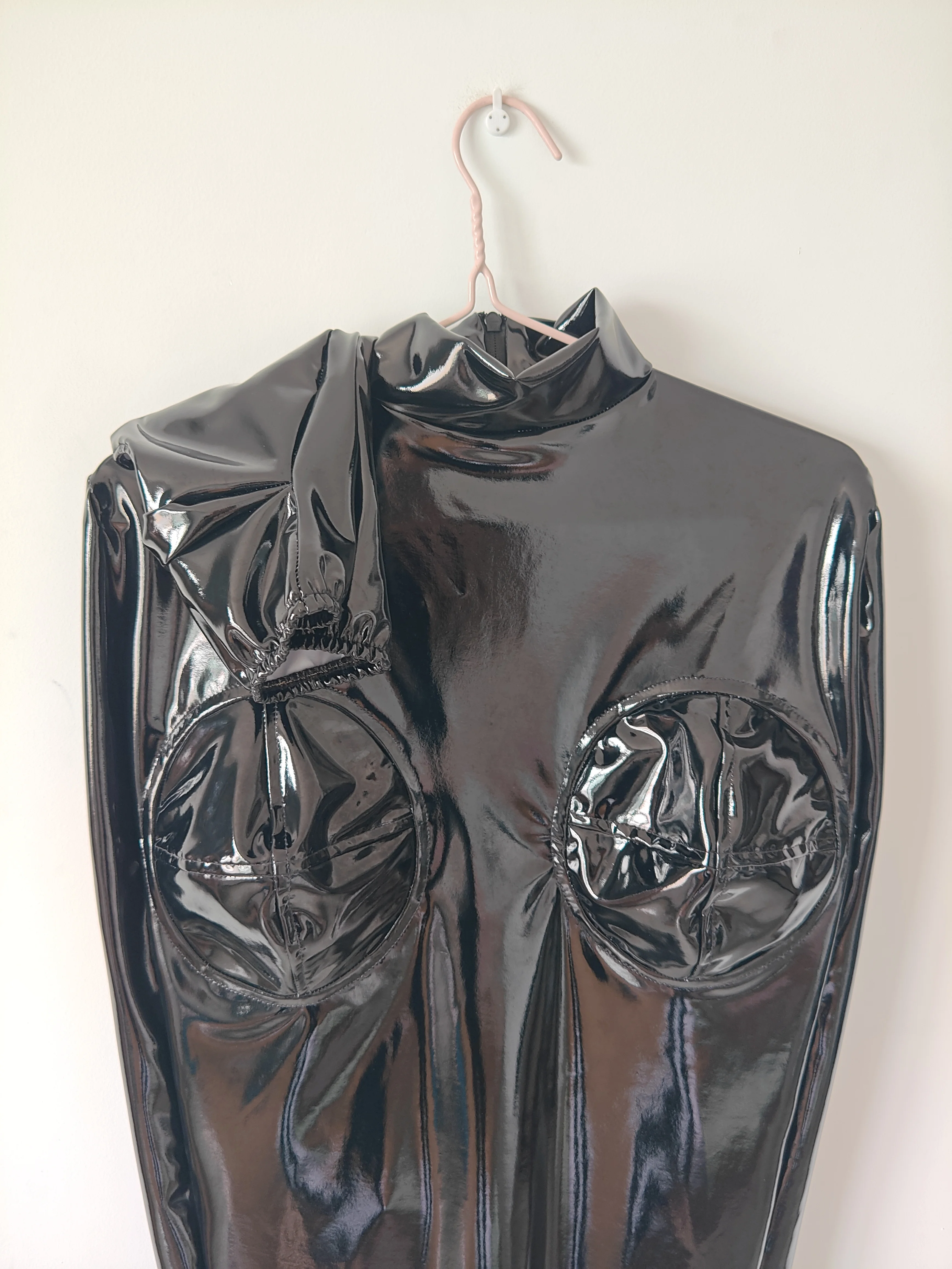 Mono negro de Pvc para mamá, saco de dormir con diseño de pecho 3D, Catsuits Zentai con mangas internas, vestido de lujo para cosplay, espalda de 3 vías con cremallera