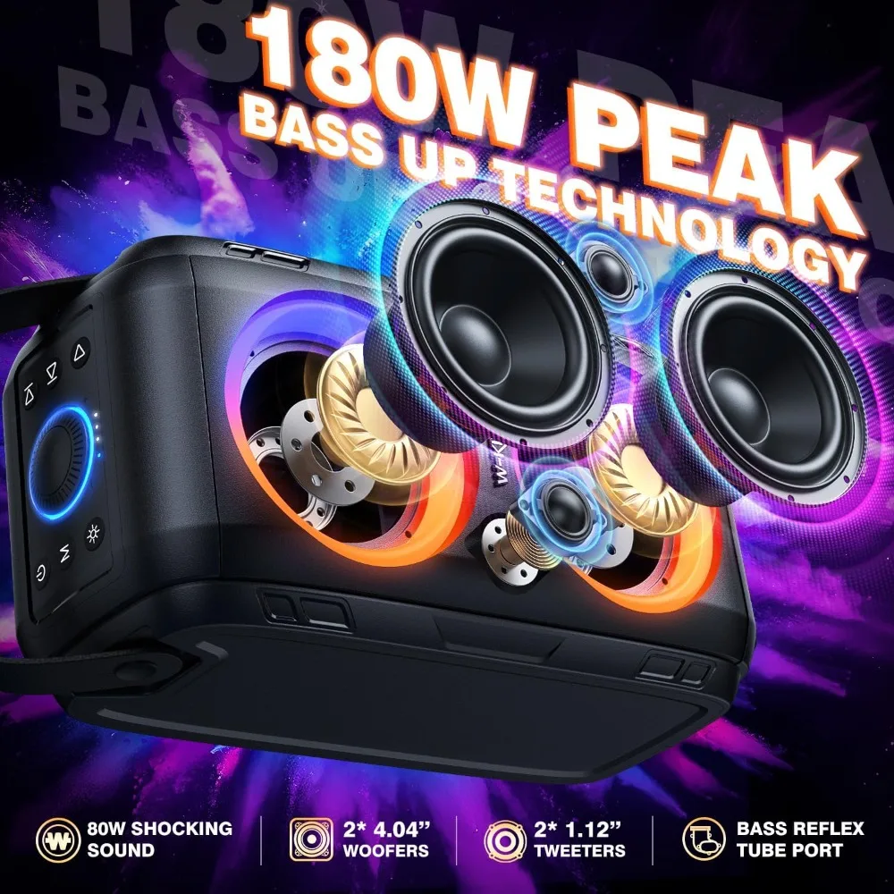 

Portable Bluetooth Speaker Wireless Boom Box, 180W Max Big Large Outdoor Speaker 4 Drivers