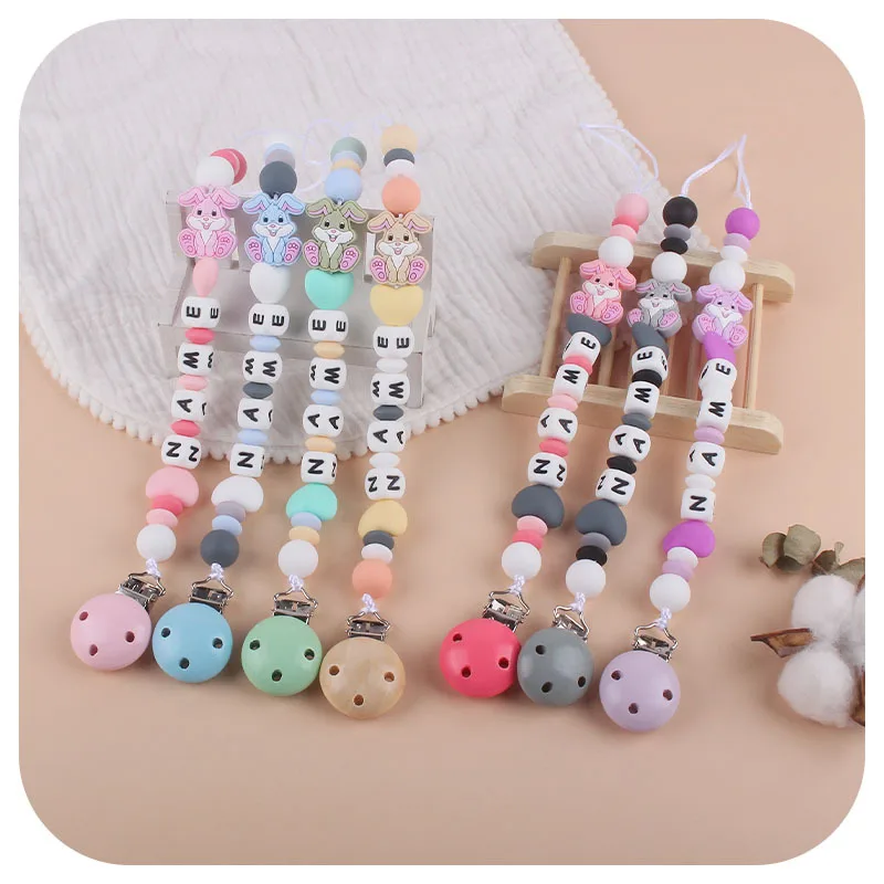 

INS Baby Personalized English Letters Name Rabbit Silicone Pendant Pacifier Clips Nipple Dummy Holder Chains Teether Toy Gift