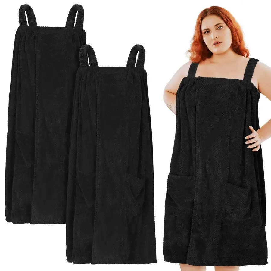 2 toallas de talla grande para mujer, toalla de baño, vestido de toalla, bata de spa de tela de rizo con tirantes y cierre ajustable, negro, XXL-4XL