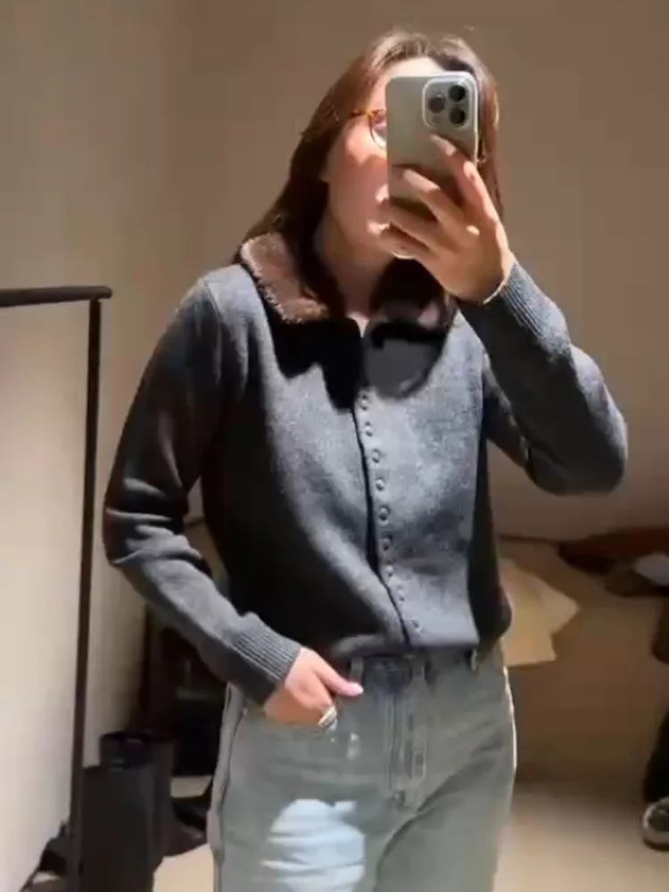 

HH женская мода с лацканами из искусственного меха с лацканами вязаная куртка женский уличный повседневный универсальный облегающий однобортный свитер