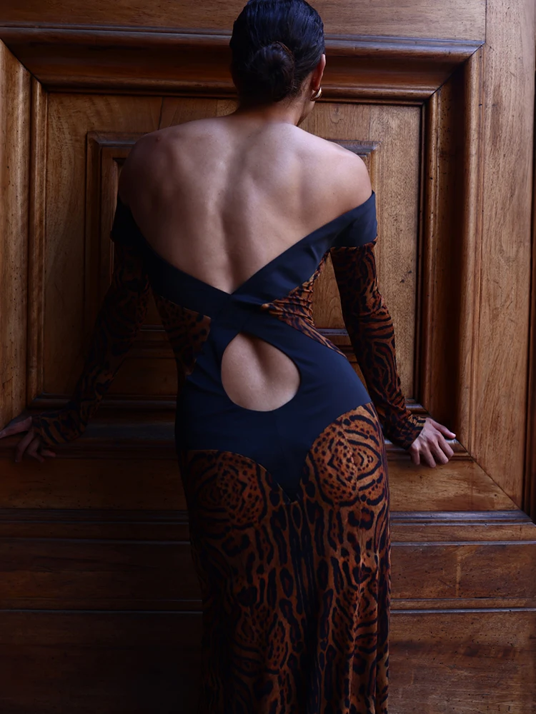 Sisterlinda Chic Sexy Leopard Backless Dress Women Trend Color Blocking Hollow Full Sleeve Elegant Fashion Party Street Bodycon
