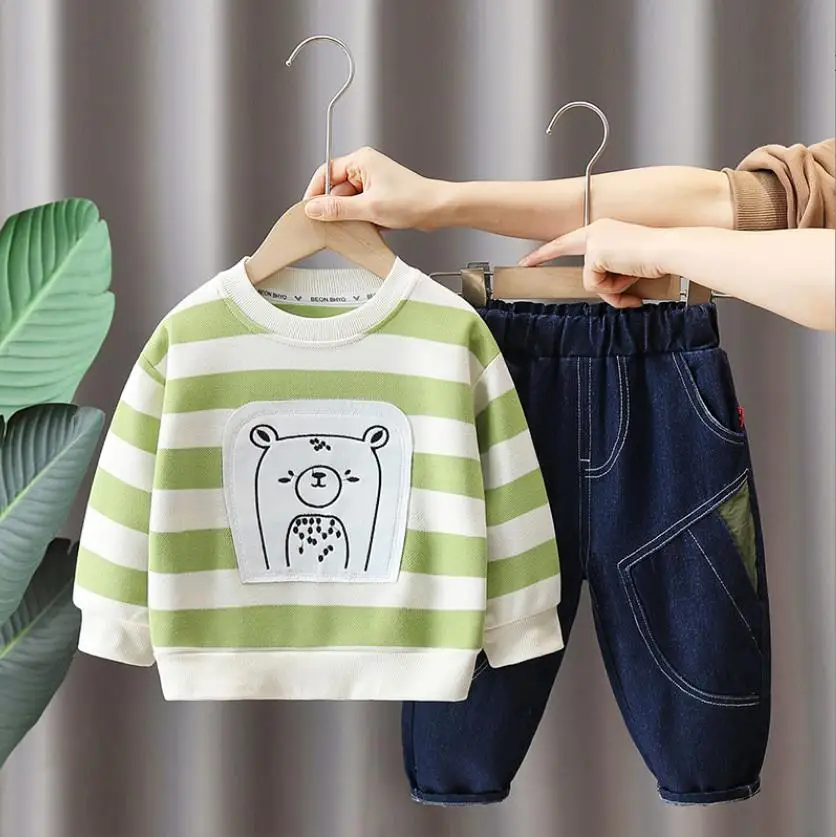 Korean Style Baby Boys Clothes Luxury Designer Outfits 2024 New Striped Embroidered Bear Hoodies+Pants Toddler Children Suits