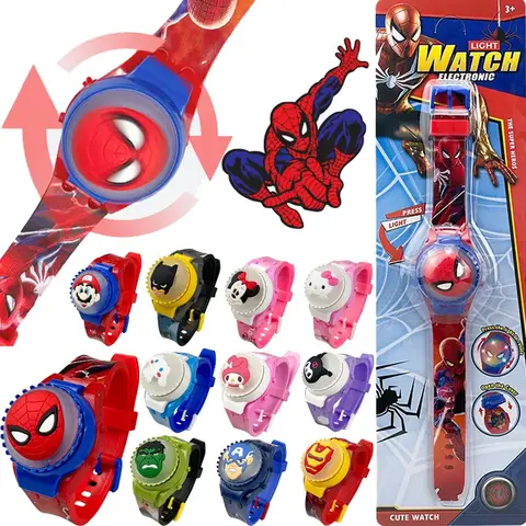 Nuevos relojes de Spiderman para niños, reloj giratorio de dibujos animados de Hello Kitty Stitch para niños con luz de Flash, reloj de juguetes Sanrio para niñas