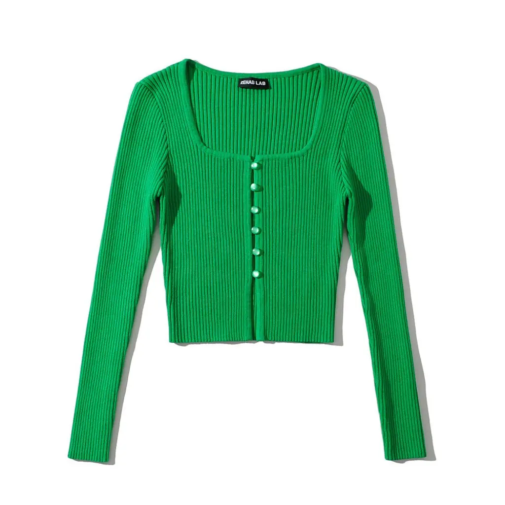 

Women's Slim Fit Square Collar Cardigan Long Sleeve Sweater High Waist Navel Style Autumn Winter Elastic Sexy Top for Hot Girls