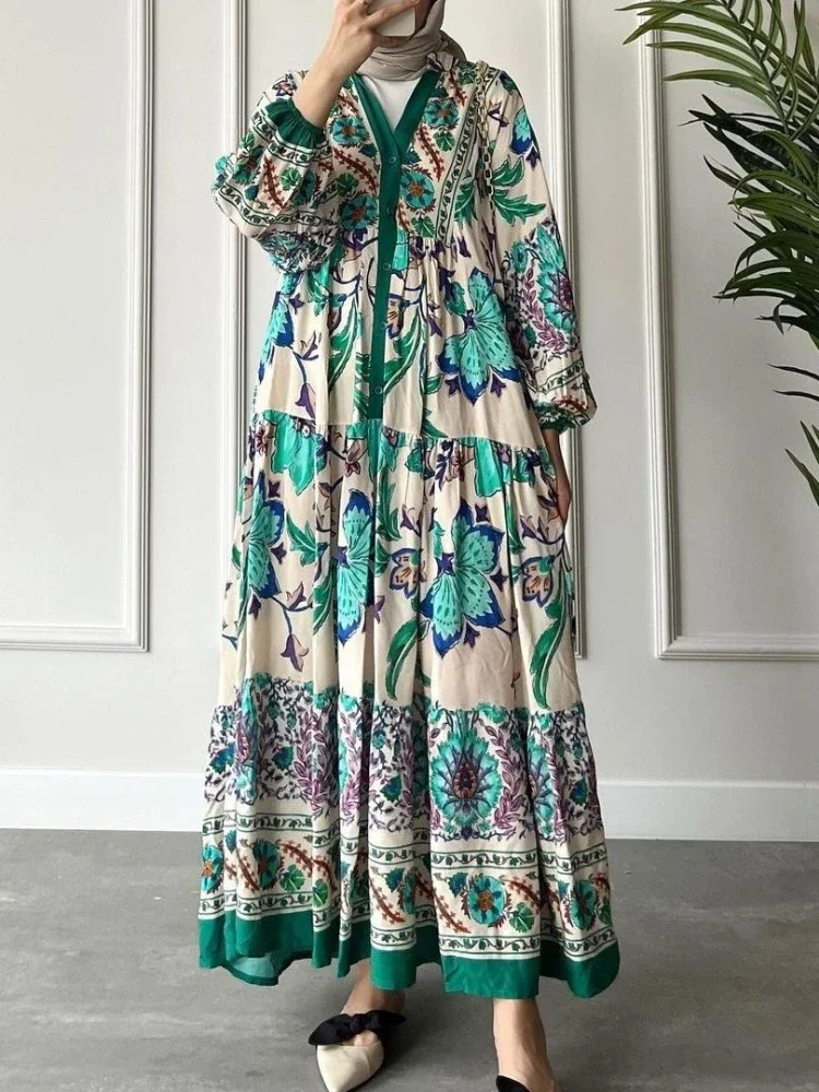 Eid Muslim Dress for Women Abaya Print Jalabiya Boho Maxi Party Dresses Dubai Abayas Kaftan Abaya Islam Vestidos Arab Long Robe