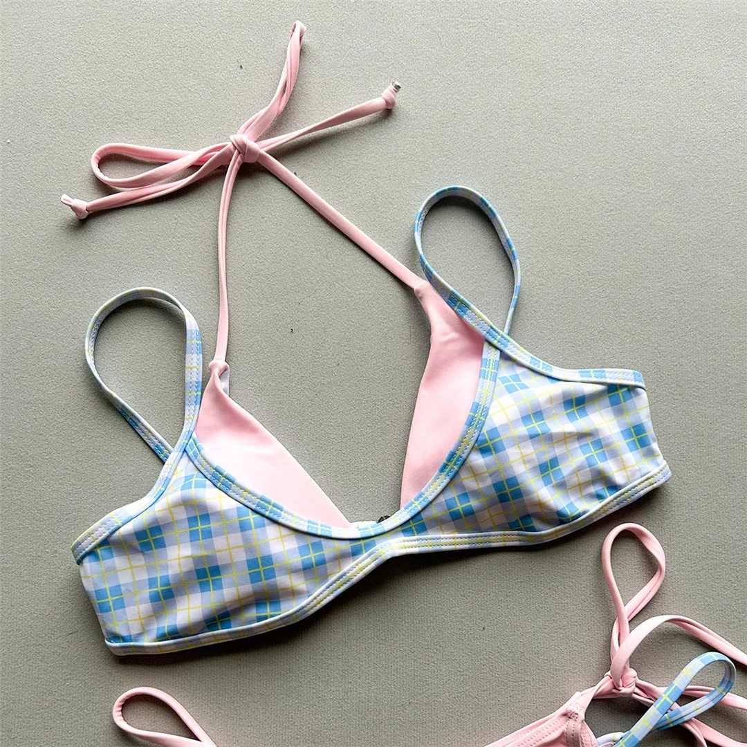 Sexy Polka Dot Plaid Neckholder-Bikini, Damen-Badeanzug, zweiteiliger Bikini-Set, Badeanzug mit Splicing-Design, Badebekleidung, Schwimmanzug V8027 – Detail 13