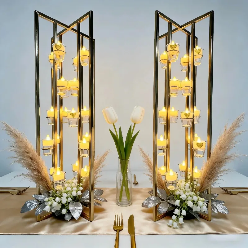 Three-dimensional Multi-headed Metal Candlestick, Centerpiece Glass Candlestick for Outdoor Wedding Party Tables.