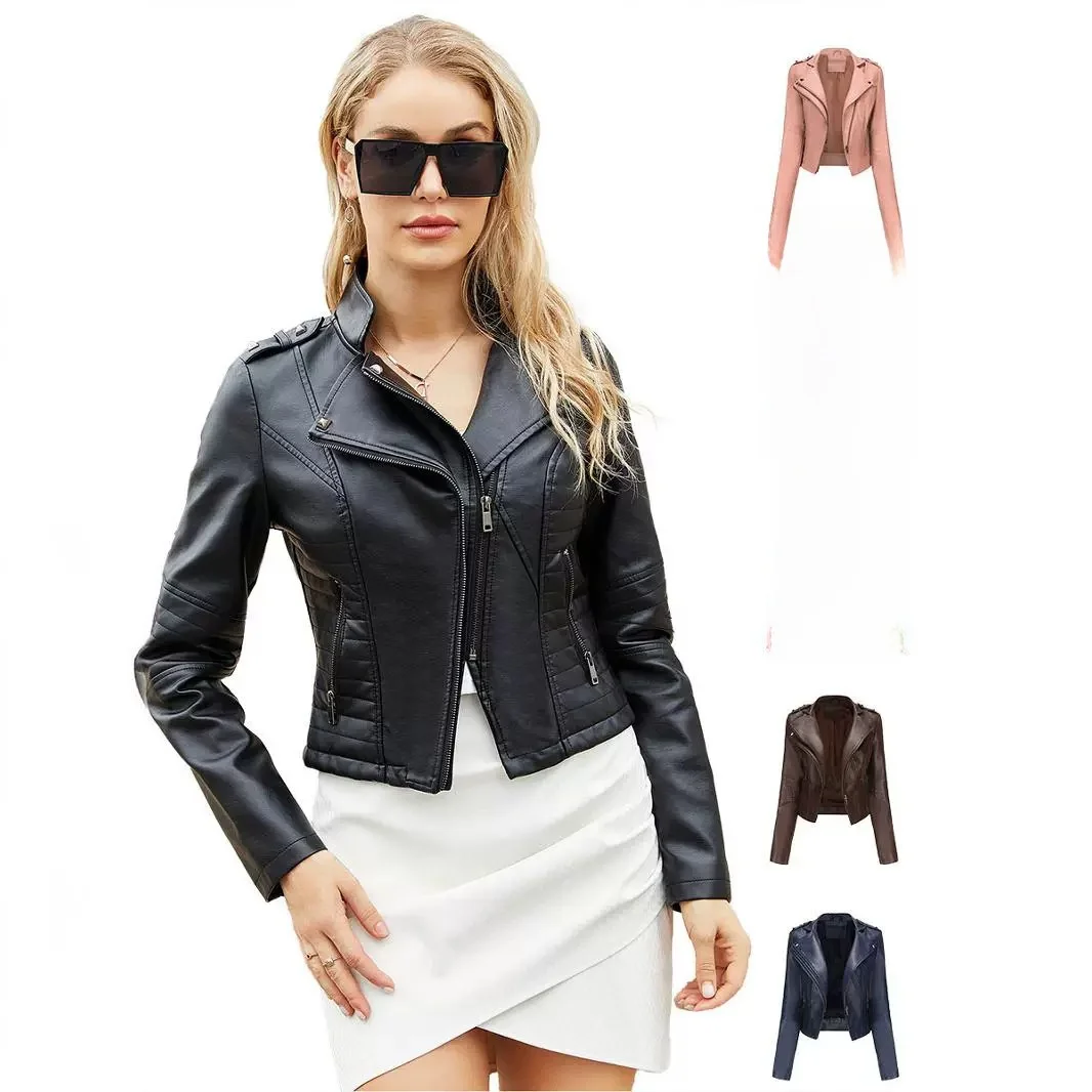 Chaqueta de cuero de manga larga ajustada para mujer, abrigo corto con cremallera y detalle de remache, estilo Popular europeo y americano