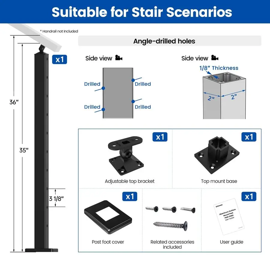 Aluminum Black Stair Cable Railing Post 36 Inch for 2535 Degrees Stair 36X2x2 Surface Mount Cable Railing System Kit Indoor Outd