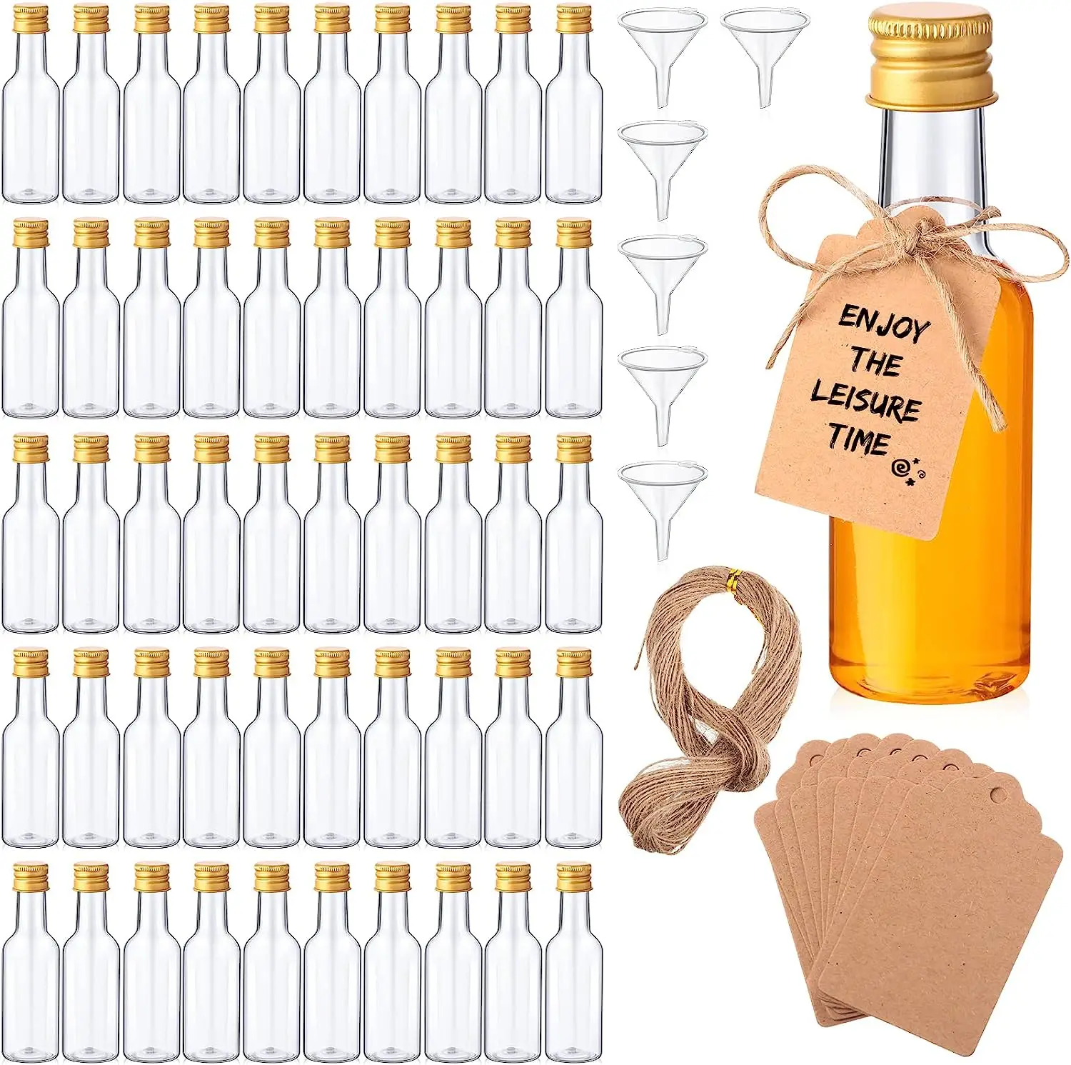 

50Pcs Mini Liquor Bottles Set 1.7oz Mini Empty Plastic Alcohol Shot Bottles Airtight Spirit Bottle with Caps Funnels Kraft Tags