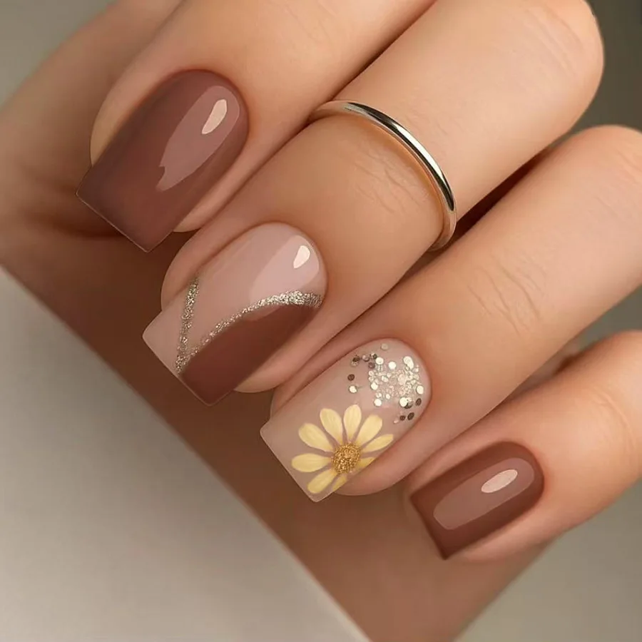 

24 Pcs Short Square False Adhesive Nails To Stick Autumn Winter Brown Chrysanthemum Pattern Glitter Fake Nails Nails Press On