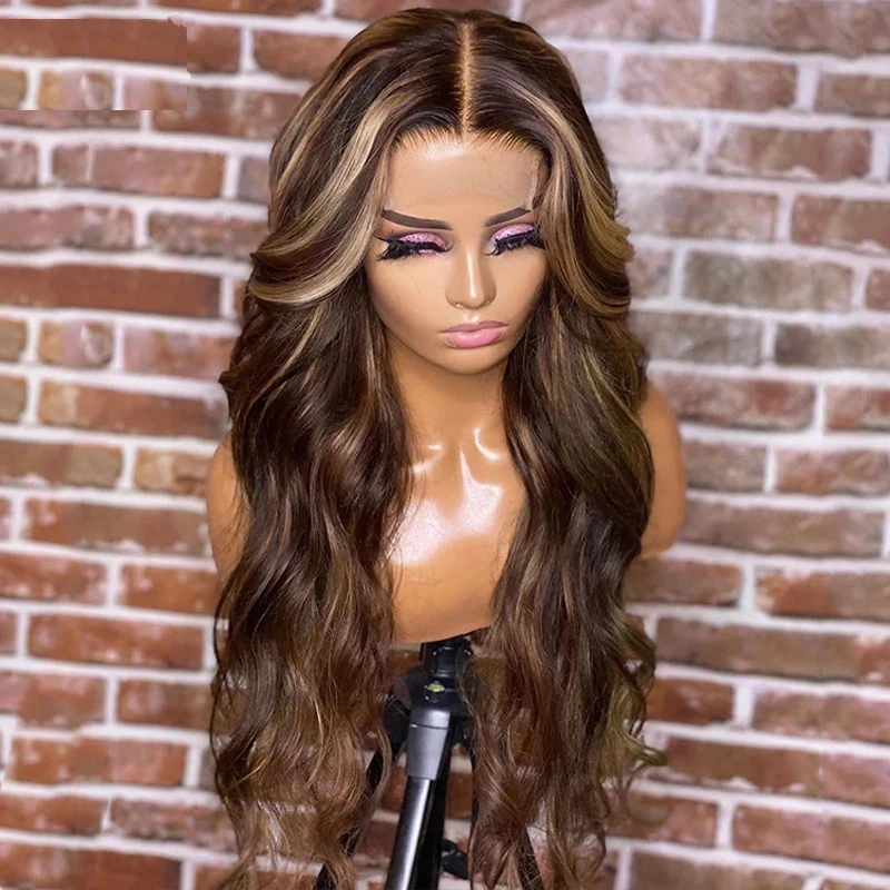 Body Wave Brunette Fibre Medium Brown Blonde Synthetic Lace Top Wigs High Quality Glueless Wigs Synthetic Hair Cheap Sale Wigs