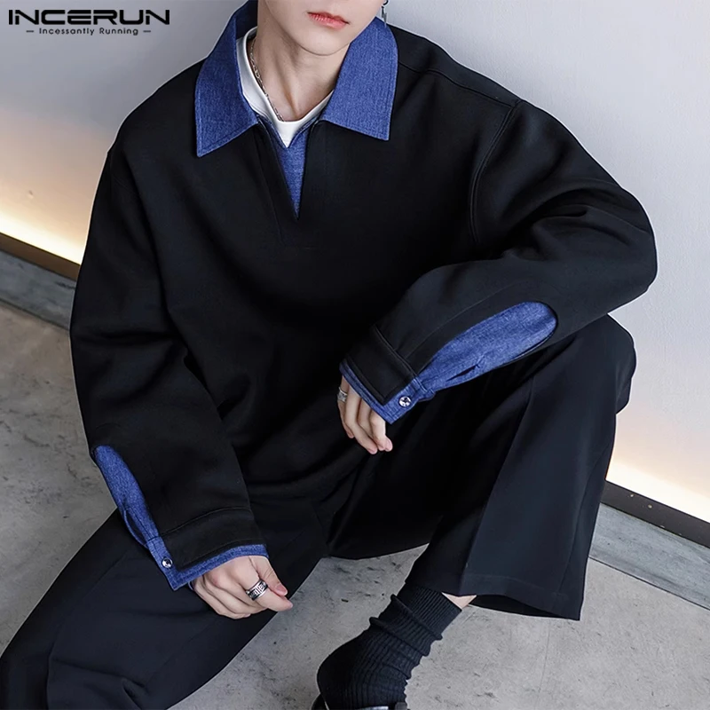 INCERUN New Men's Clothing Stylish Contrast Color Splicing Fake Two-piece Hoodies Streetwear Lapel Long Sleeved Sweatshirts 2024