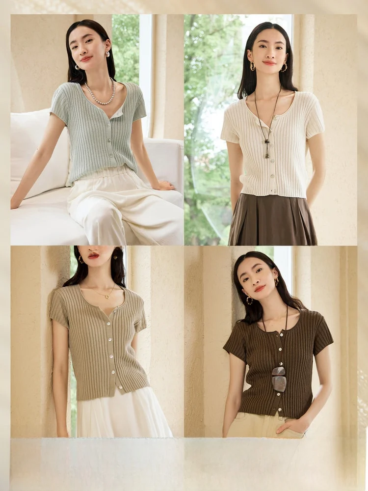 

Ballet Concerto ort Sve Knitted irt U-Ne Paper Silk Slimming Stripe Vintage Commute Sle Button up Thin Cotton Blend