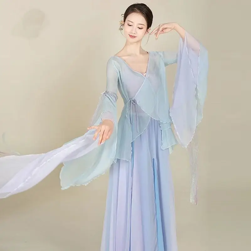 

Elegant Gradient Ballet Skirt Women Chiffon Flowy Long Dancewear Chinese Classical Dance Costume Performance Maxi Skirt