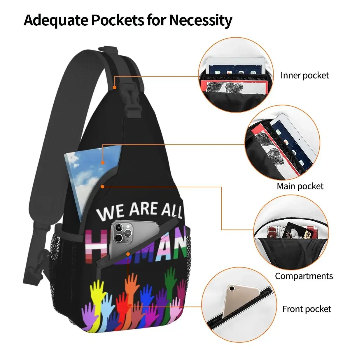 LGBT Rights Pride Sling Bag Chest Crossbody Shoulder Backpack Outdoor Sports Daypacks We Are All Human Pattern School Bags