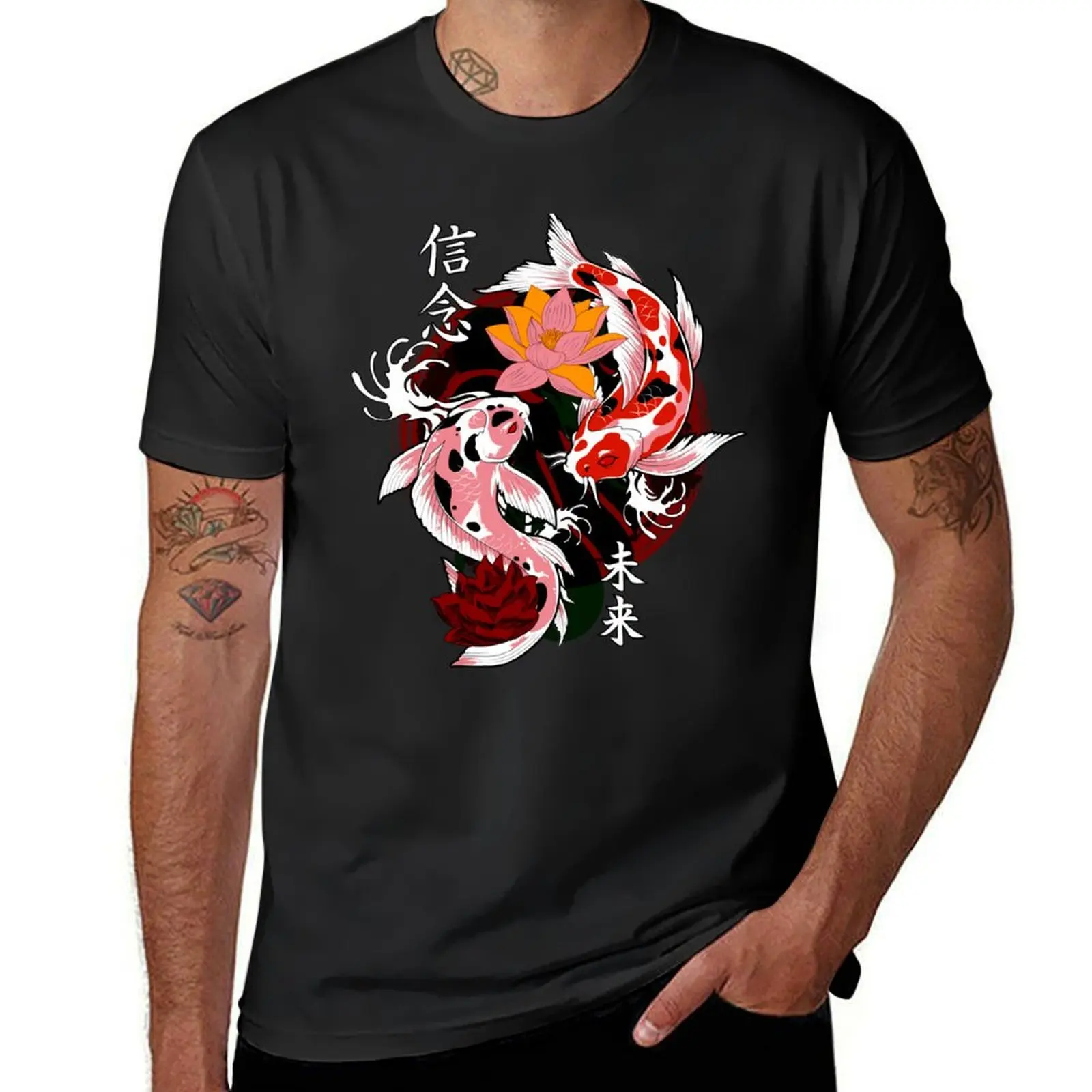 Yakuza Japanese tattoos, koi fish pond, floral water original T-Shirt summer clothes summer top heavy weight t shirts for men