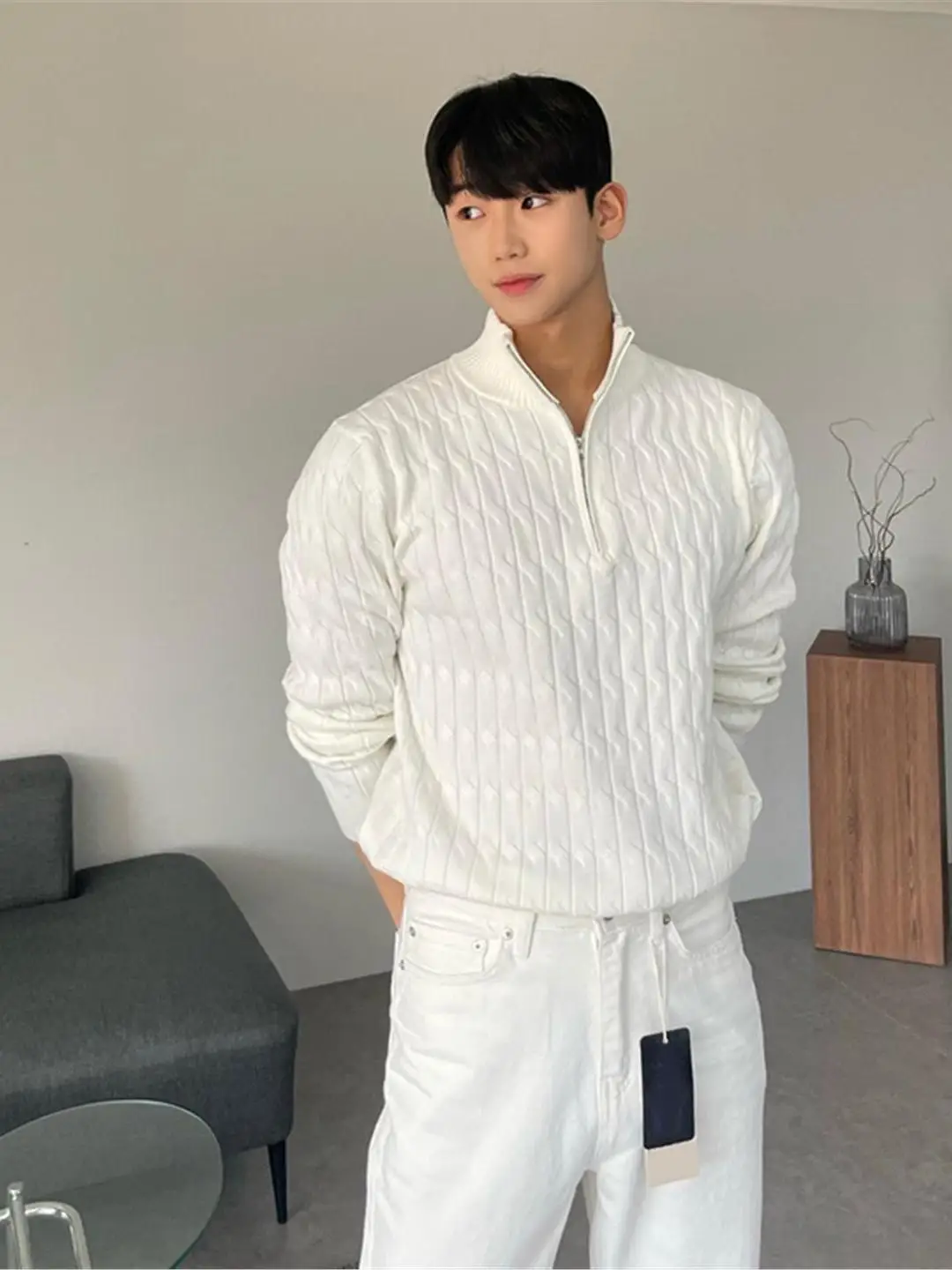 

Korean Sle Zipper High Ne Men's Knitwear Casual Winter Long Sve White Lazy Sle All-Match Loose Fit Comfortable Sweater