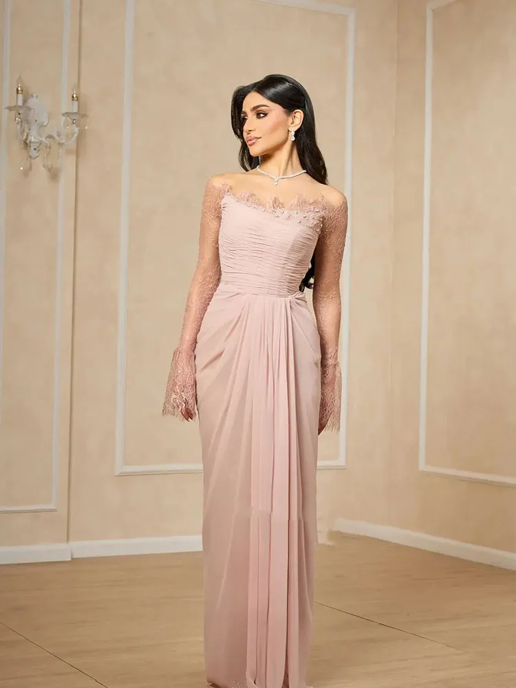 LAYXHS robes de soirée élégantes rose dentelle à manches longues perlée sirène plissée robe de bal robes de soirée personnalisées